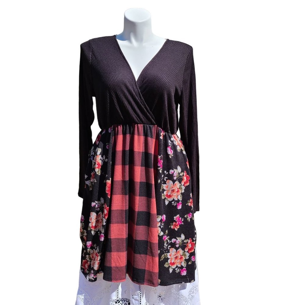 Haptics Floral Twofer Dress Plus Size Black Pink - Solid Plaid Floral Price FIRM